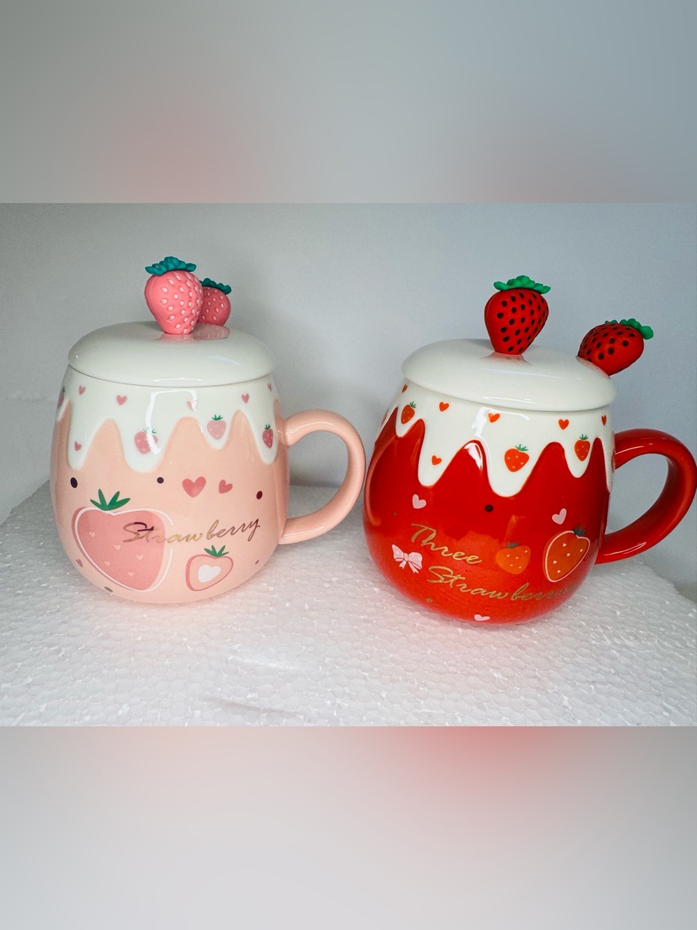 Set of 2 Kawaii Strawberry Ceramic Mugs with 3D Lids & Spoons Pink Red Cute Cups